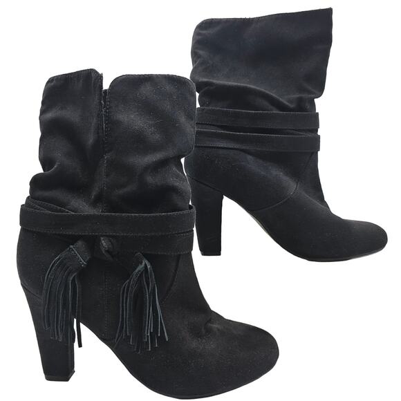 Express Womans size 6 Slouch Tassel Faux Suede Calf Boots Black Fabric 4" Heels - Picture 1 of 8